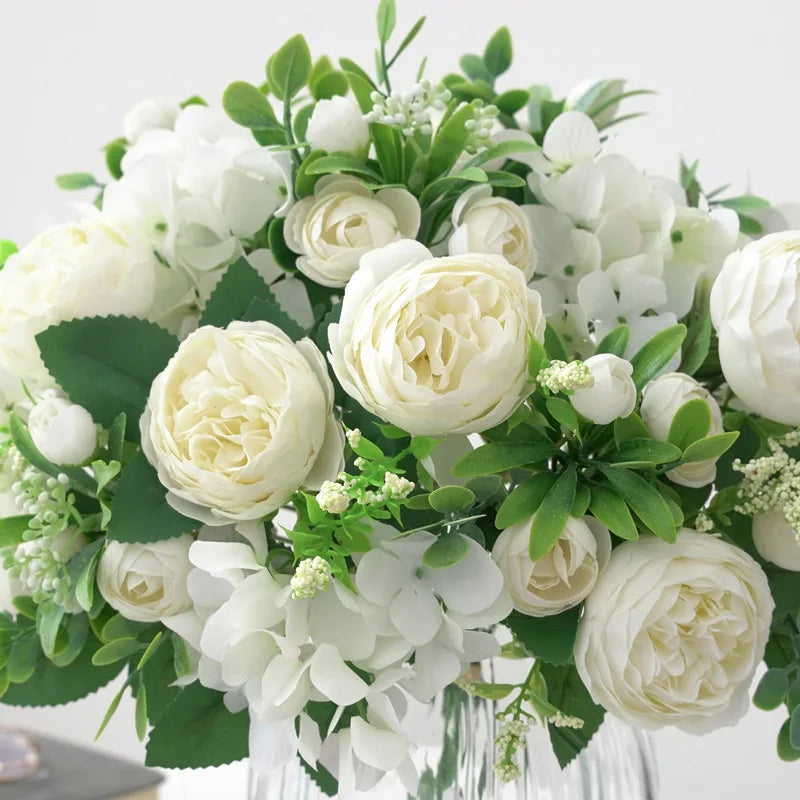 Blaue Seidensträuße Künstliche Waldhortensien Pfingstrosenknospen Hochzeit Braut Handstrauß Hausgarten Desktop Blumenarrangement Dekor
