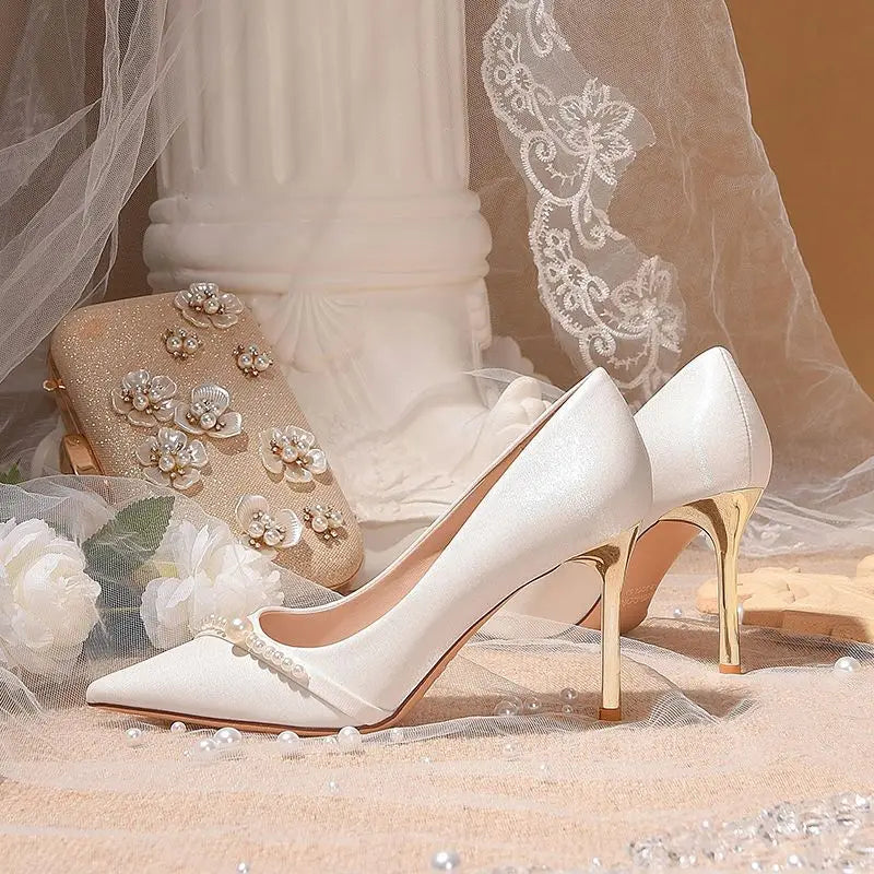 Damen Sommerschuhe Braut Pumps Schuhe für Frau 2024 Hochzeitsschuh auf Absatz Spitzschuh Perle Stilito High Heels Beliebte 39