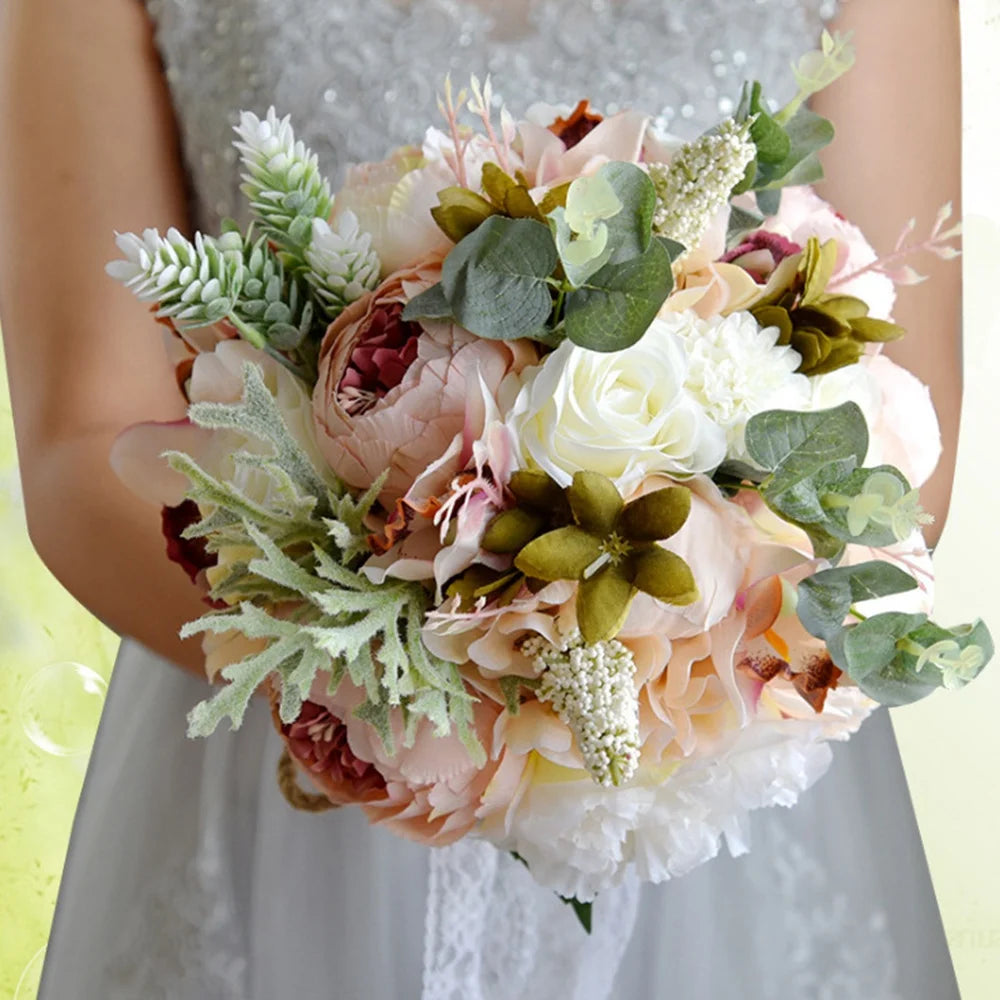 Künstlicher Pfingstrosen-Rosen-Blumenstrauß für die Braut, Brautjungfer, handgefertigter Hochzeitsstrauß, Seiden-Brautstrauß mit Blumen, heiß!
