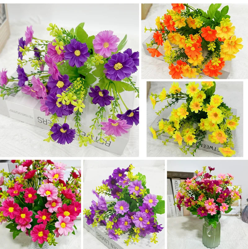 Ein Blumenstrauß mit 7 Zweigen und 28 Köpfen, süßer DIY-Hochzeitsblumenstrauß, Heimzimmer, Tischdekoration, Seidengänseblümchen, künstliche dekorative Blume