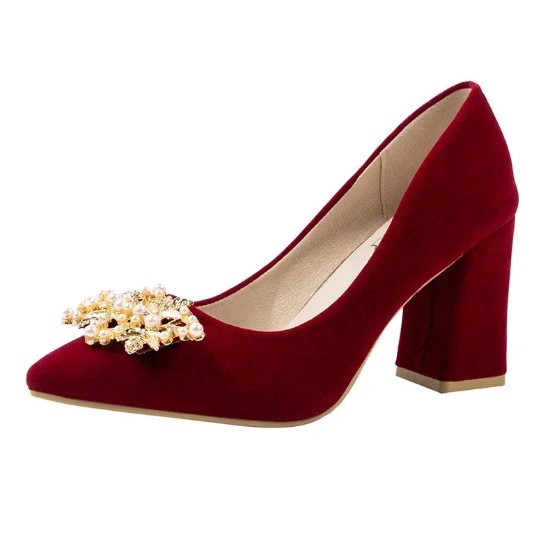 2024 neue Frühling Sommer Herbst Hochzeit Schuhe frauen Dicken Absätzen Braut Rot Wildleder Hochzeit Barfuß Schuhe