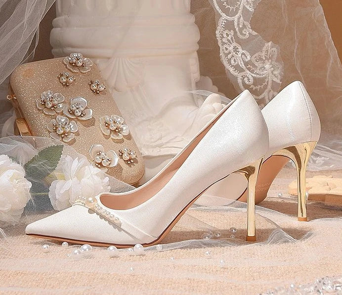 Damen Sommerschuhe Braut Pumps Schuhe für Frau 2024 Hochzeitsschuh auf Absatz Spitzschuh Perle Stilito High Heels Beliebte 39