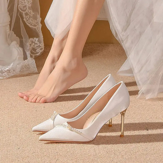 Damen Sommerschuhe Braut Pumps Schuhe für Frau 2024 Hochzeitsschuh auf Absatz Spitzschuh Perle Stilito High Heels Beliebte 39