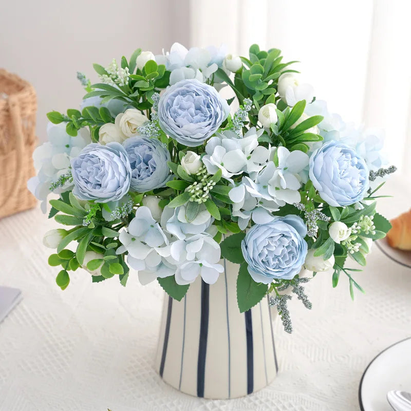 Blaue Seidensträuße Künstliche Waldhortensien Pfingstrosenknospen Hochzeit Braut Handstrauß Hausgarten Desktop Blumenarrangement Dekor