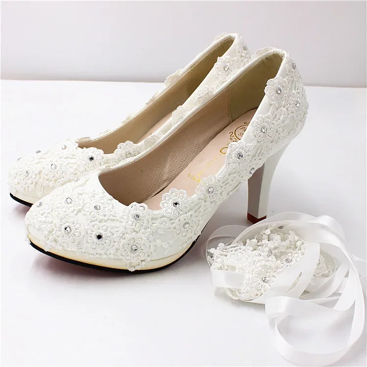 Neu Schuhe Frau Braut Elegante Weiße Spitze Perle Design High Heels frauen High Heels Braut Hochzeit Schuhe Damen