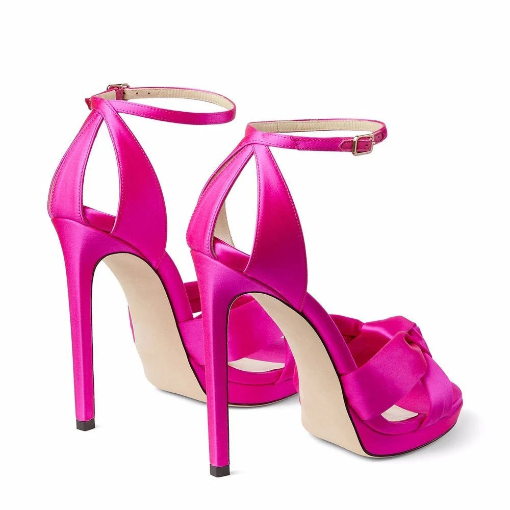 Schöne Sommerhochzeits-Brautschuhe in Fuchsia mit Satin-Knoten, Stiletto-Absatz, Schnallenriemen, Übergröße, Damen-High-Heels-Sandalen