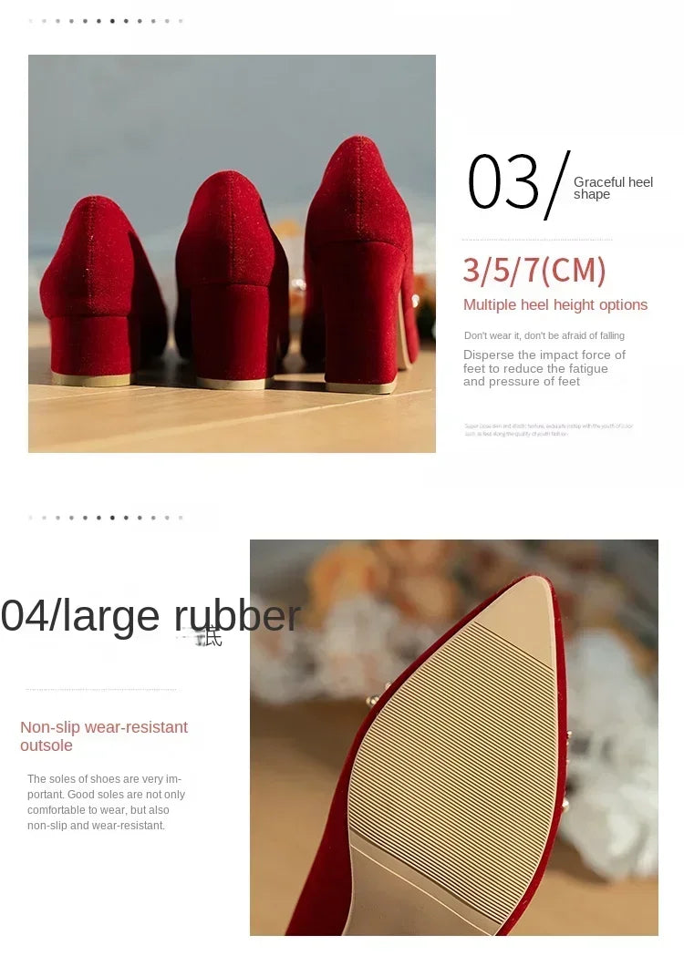 2024 neue Frühling Sommer Herbst Hochzeit Schuhe frauen Dicken Absätzen Braut Rot Wildleder Hochzeit Barfuß Schuhe