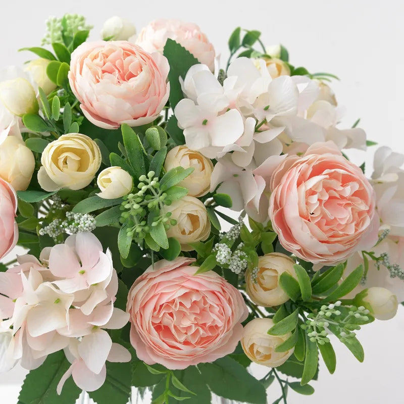 Blaue Seidensträuße Künstliche Waldhortensien Pfingstrosenknospen Hochzeit Braut Handstrauß Hausgarten Desktop Blumenarrangement Dekor