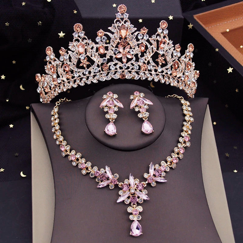 Rote Brautschmuck-Sets für Frauen, Diademe, Krone, Halskette, Ohrringe, Set für Hochzeitskleid, Braut, Kostümzubehör