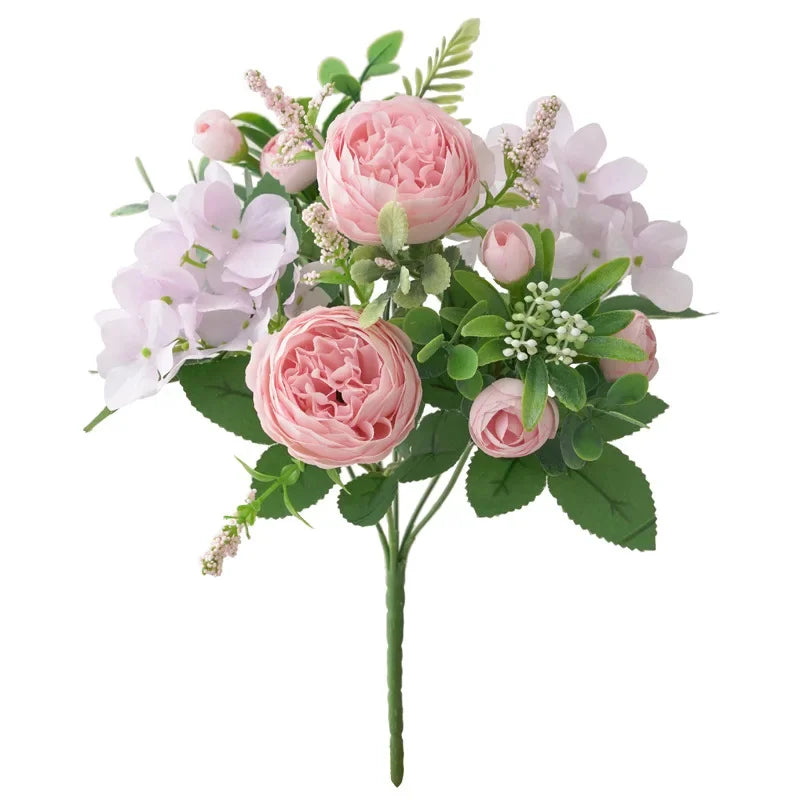 Blaue Seidensträuße Künstliche Waldhortensien Pfingstrosenknospen Hochzeit Braut Handstrauß Hausgarten Desktop Blumenarrangement Dekor