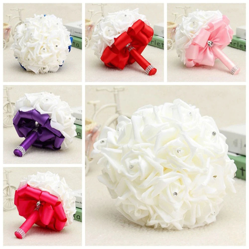 Braut Brautjungfer Bouquet Künstliche Halten Blumen Strass Bänder Hochzeit Party Kirche Hause Weihnachten Tisch Schlafzimmer Dekor