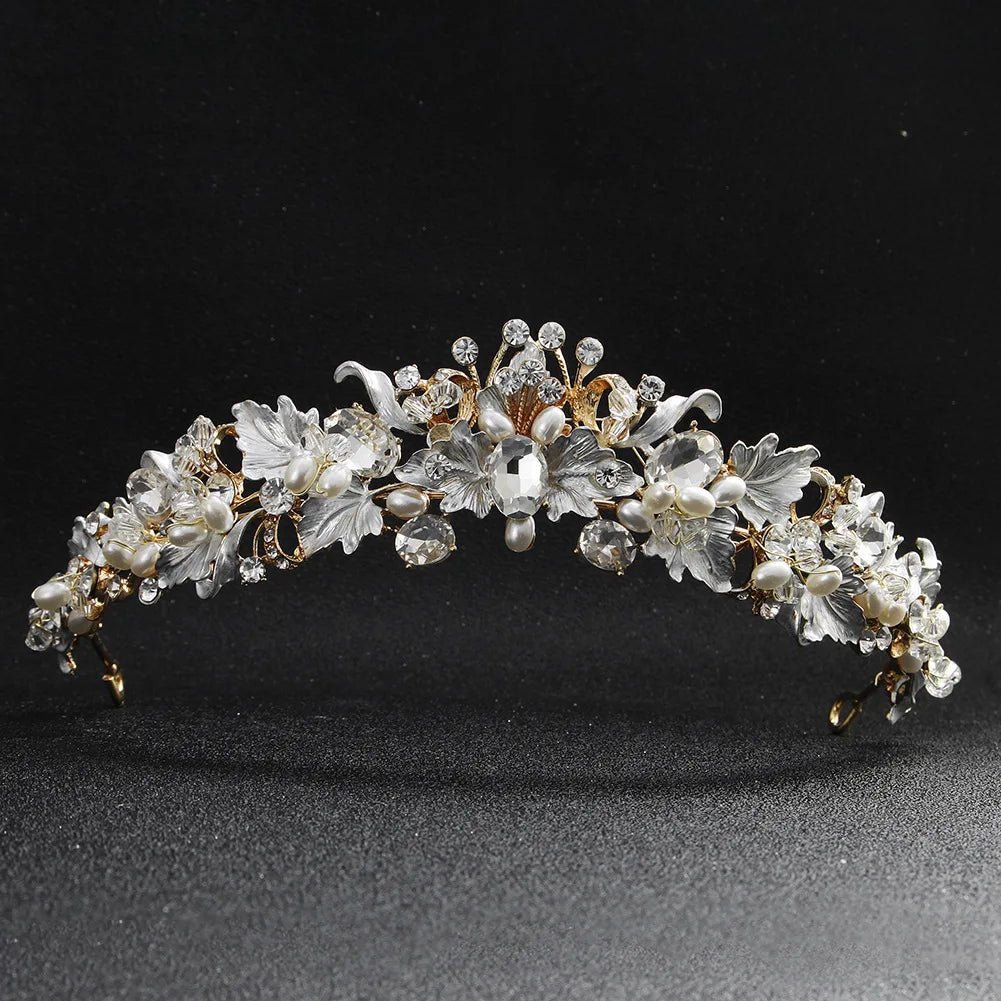 Luxus Strass Braut Diademe und Kronen Königin Krone Perle Blume Große Oval Diamant Haar Hoop Hochzeit Braut Krone