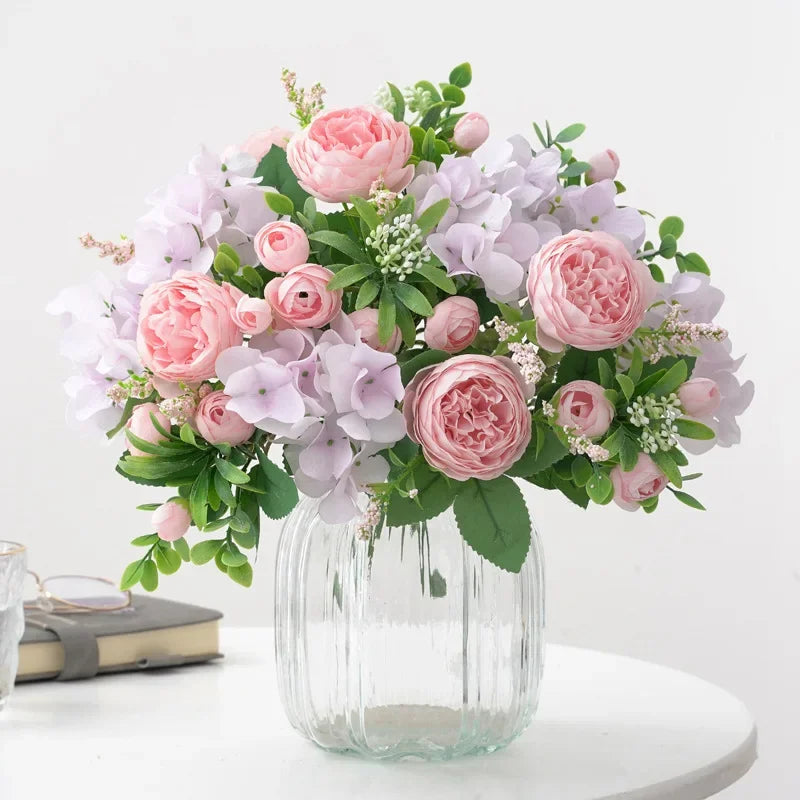 Blaue Seidensträuße Künstliche Waldhortensien Pfingstrosenknospen Hochzeit Braut Handstrauß Hausgarten Desktop Blumenarrangement Dekor