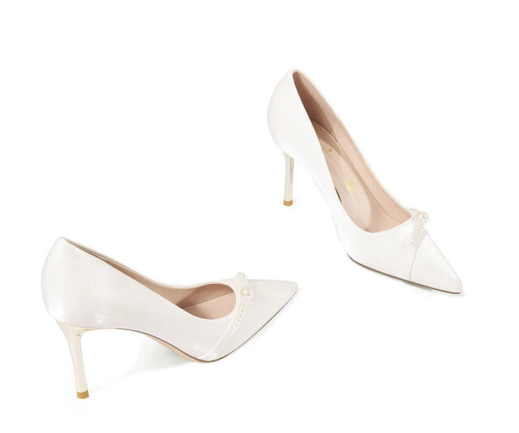 Damen Sommerschuhe Braut Pumps Schuhe für Frau 2024 Hochzeitsschuh auf Absatz Spitzschuh Perle Stilito High Heels Beliebte 39