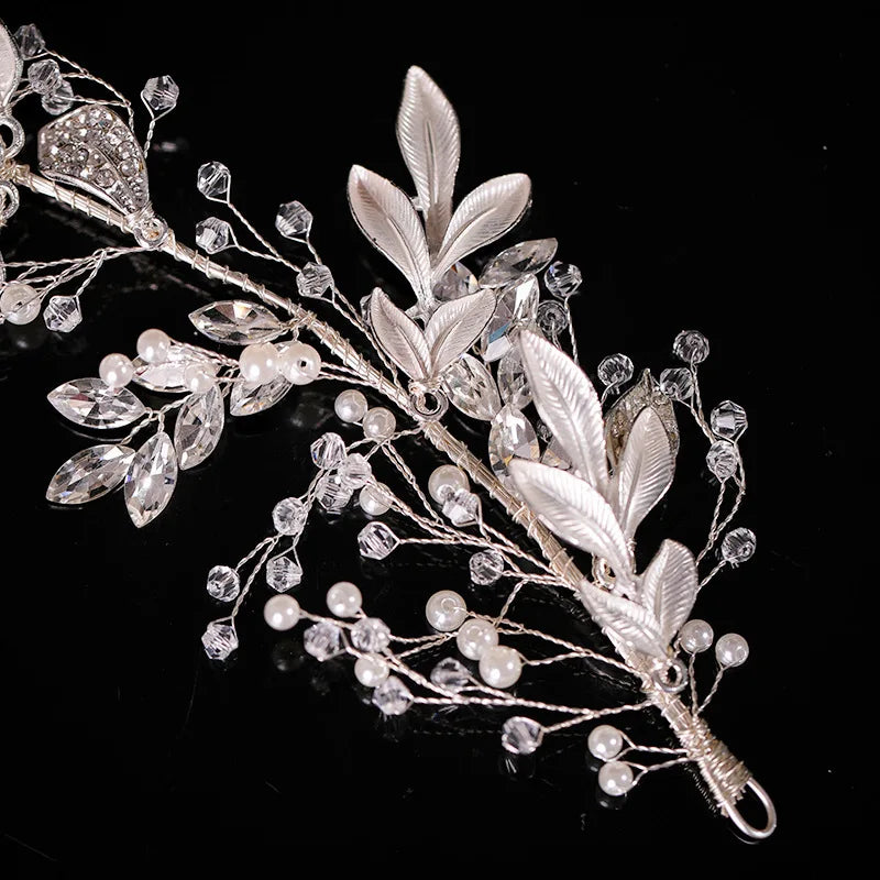 Braut Haarschmuck Kristall Perlen Stirnband Tiara Strass Blatt Stirnband Haarband Für Frauen Elegante Prinzessin Kopfbedeckung