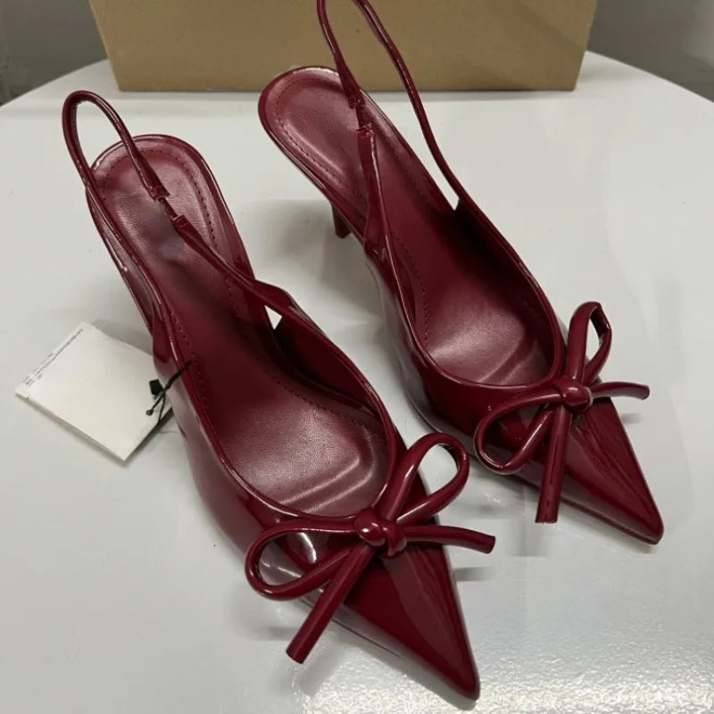 2025 herbst High Heels Frauen Hochzeiten Braut Schuhe Bogen Dekoration Mode Flach Spitz Elegante Slingbacks Damen Pumps