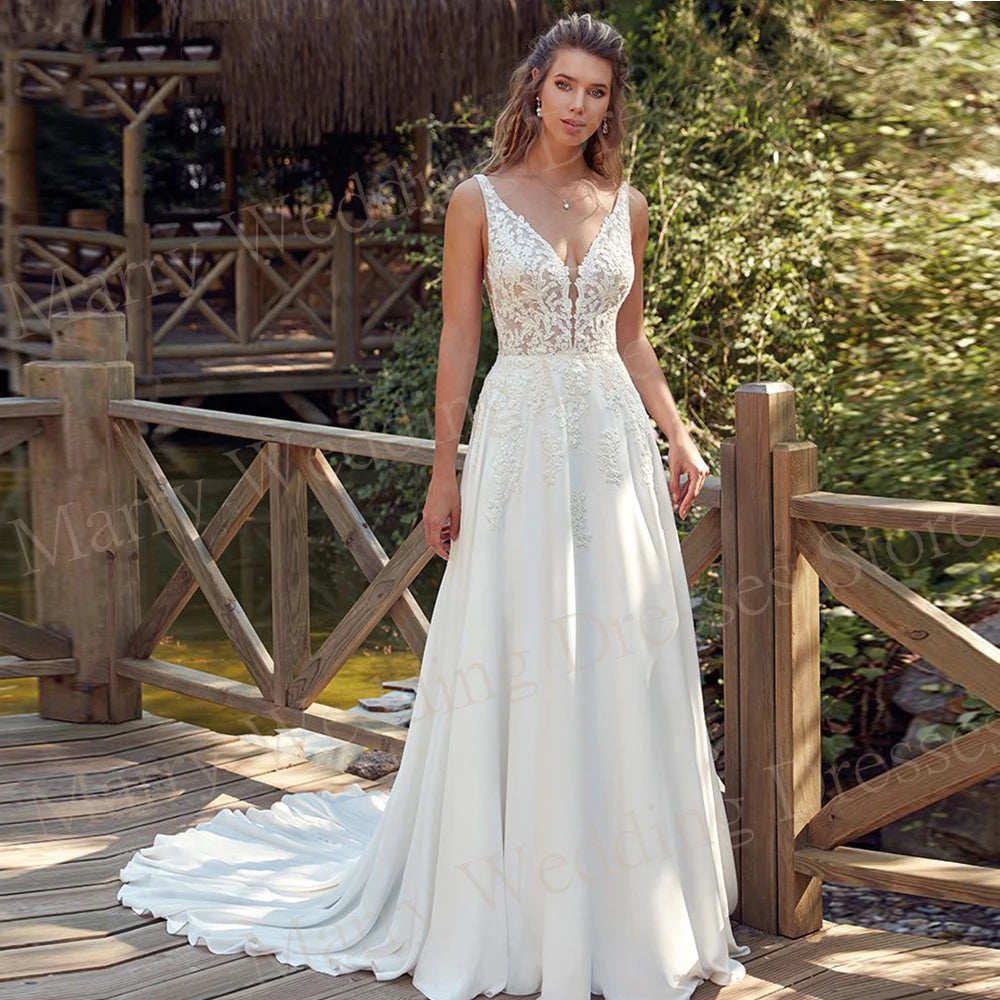 Modische V-Ausschnitt Brautkleider Moderne A-Linie Applikationen Spitze Ärmellos Rückenfrei Brautkleider Ball Vestido De Novia Maßgeschneiderte