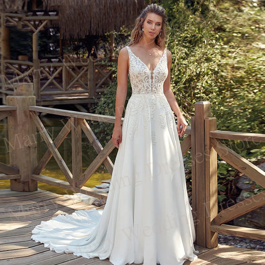Modische V-Ausschnitt Brautkleider Moderne A-Linie Applikationen Spitze Ärmellos Rückenfrei Brautkleider Ball Vestido De Novia Maßgeschneiderte