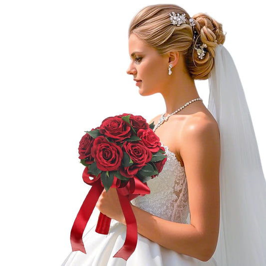 Rote Rose Brautstrauß Hochzeitsstrauß Rose mit Blumen Künstlicher Handstrauß für Hochzeitstermine Urlaubsgeschenke