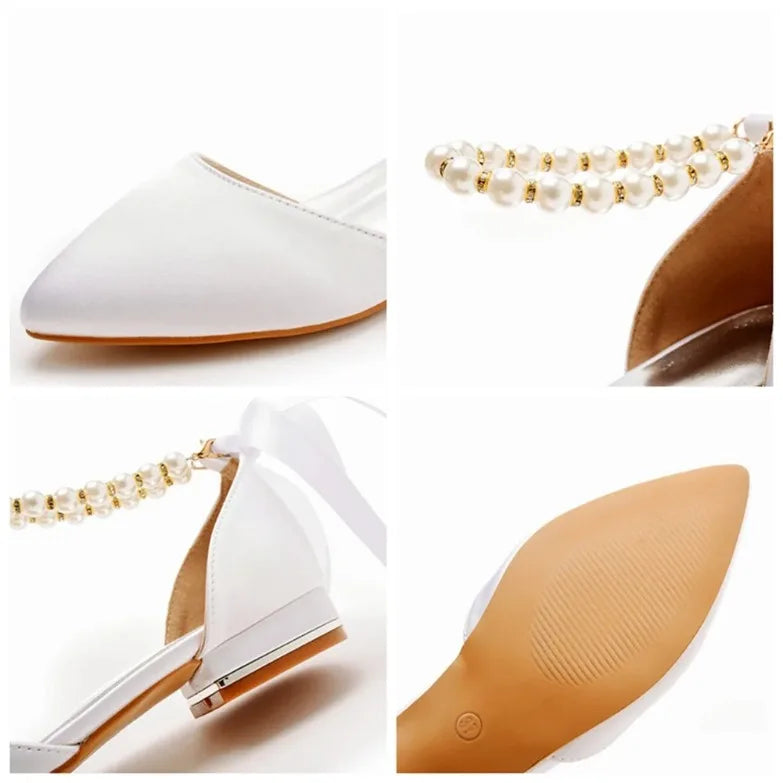 Hochzeitsschuhe Braut Flache Ferse Spitz Hohl Sandalen Frauen Weiß Satin Perlen Braut Hochzeit Kleid Schuhe Sandalias De Mujer