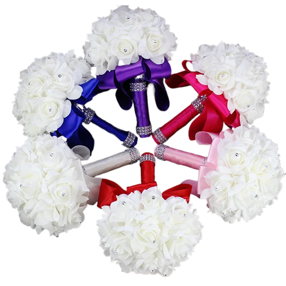Braut Brautjungfer Bouquet Künstliche Halten Blumen Strass Bänder Hochzeit Party Kirche Hause Weihnachten Tisch Schlafzimmer Dekor