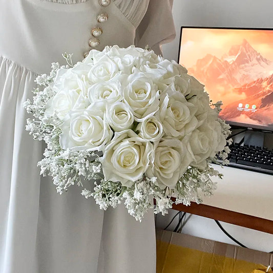 Brautstrauß Hochzeitsblumen Brautjungfern Seidenrosen Gefälschte Babys Atem Braut Hochzeitsaccessoires Tischdekoration