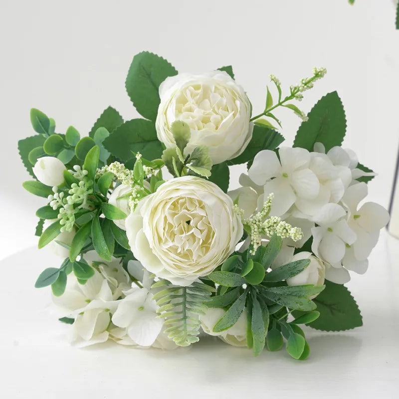 Blaue Seidensträuße Künstliche Waldhortensien Pfingstrosenknospen Hochzeit Braut Handstrauß Hausgarten Desktop Blumenarrangement Dekor