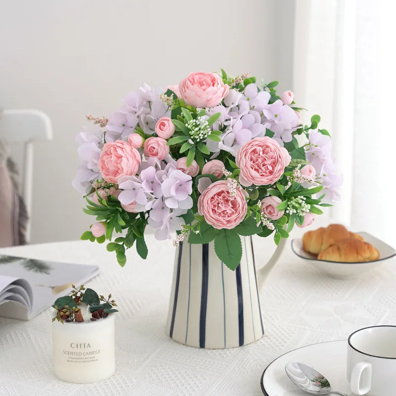 Blaue Seidensträuße Künstliche Waldhortensien Pfingstrosenknospen Hochzeit Braut Handstrauß Hausgarten Desktop Blumenarrangement Dekor