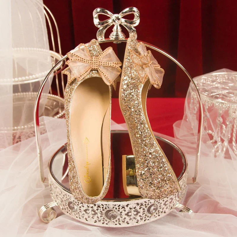 Damen Glänzende Gold Silber Brautschuhe mit Perlen, flache Absätze, Med (3 cm – 5 cm), Kristall, Schmetterlingsknoten, flache Hochzeitsschuhe, Slipper