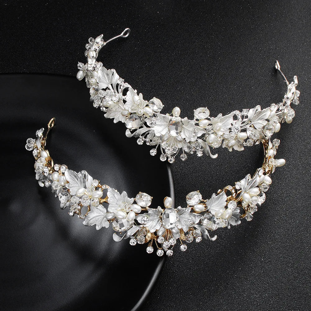 Luxus Strass Braut Diademe und Kronen Königin Krone Perle Blume Große Oval Diamant Haar Hoop Hochzeit Braut Krone