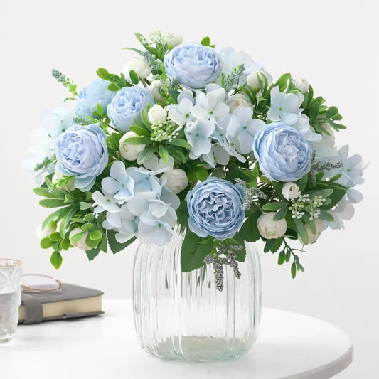 Blaue Seidensträuße Künstliche Waldhortensien Pfingstrosenknospen Hochzeit Braut Handstrauß Hausgarten Desktop Blumenarrangement Dekor