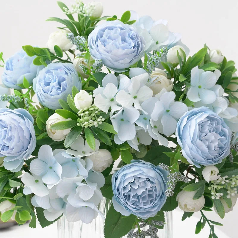 Blaue Seidensträuße Künstliche Waldhortensien Pfingstrosenknospen Hochzeit Braut Handstrauß Hausgarten Desktop Blumenarrangement Dekor