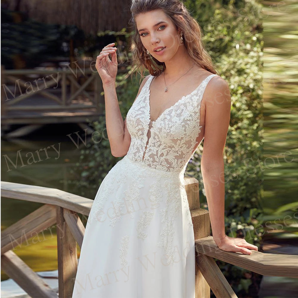 Modische V-Ausschnitt Brautkleider Moderne A-Linie Applikationen Spitze Ärmellos Rückenfrei Brautkleider Ball Vestido De Novia Maßgeschneiderte