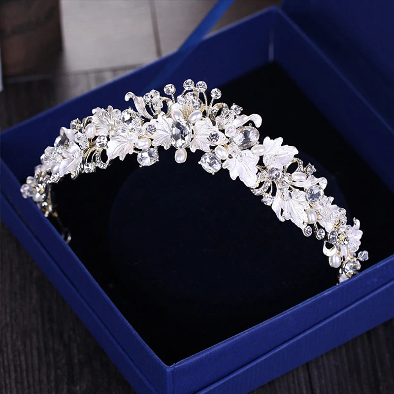Trendy Strass Perle Kristall Krone Stirnband Blume Braut Haarschmuck Gold Krone Braut Hochzeit Krone Haarschmuck