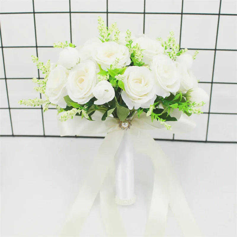 Braut Brautjungfer Hochzeitsstrauß Weiße Seidenblumen Rosen Handgemachte Künstliche Braut Mariage Bouquet Hochzeitszubehör