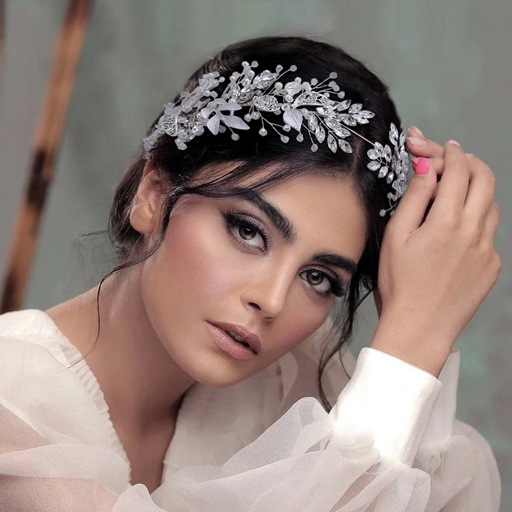Braut Haarschmuck Kristall Perlen Stirnband Tiara Strass Blatt Stirnband Haarband Für Frauen Elegante Prinzessin Kopfbedeckung