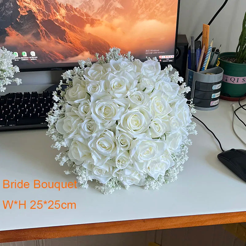 Brautstrauß Hochzeitsblumen Brautjungfern Seidenrosen Gefälschte Babys Atem Braut Hochzeitsaccessoires Tischdekoration
