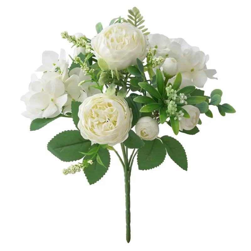Blaue Seidensträuße Künstliche Waldhortensien Pfingstrosenknospen Hochzeit Braut Handstrauß Hausgarten Desktop Blumenarrangement Dekor