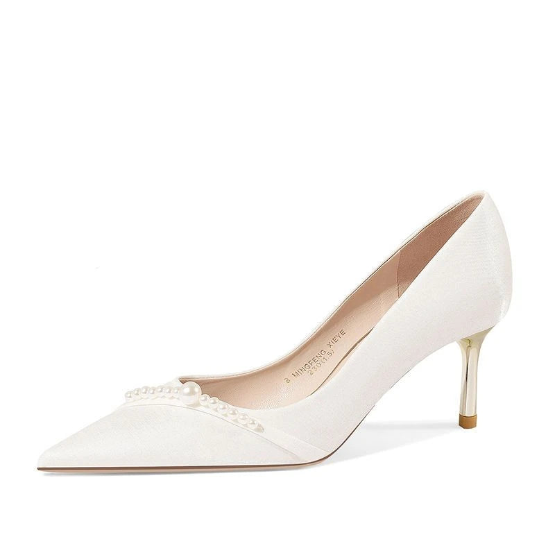 Damen Sommerschuhe Braut Pumps Schuhe für Frau 2024 Hochzeitsschuh auf Absatz Spitzschuh Perle Stilito High Heels Beliebte 39