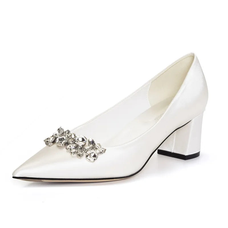 Weiße Hochzeitsschuhe, dicker Absatz, Brautschuhe mit Strasssteinen, spitzer Zehenbereich, mittlerer Absatz, große Größe 41–43, Abendschuhe für die Hochzeit, Damen-Pumps