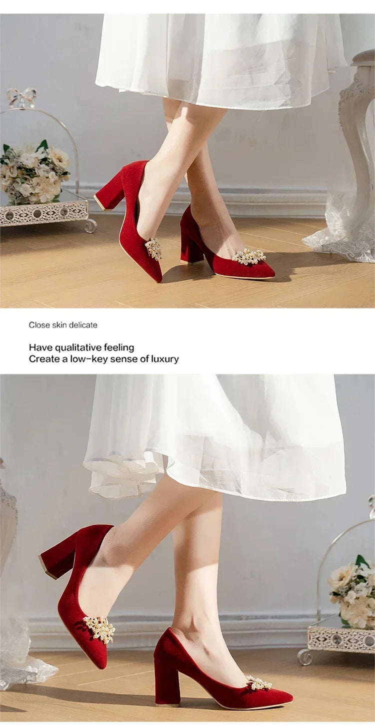 2024 neue Frühling Sommer Herbst Hochzeit Schuhe frauen Dicken Absätzen Braut Rot Wildleder Hochzeit Barfuß Schuhe