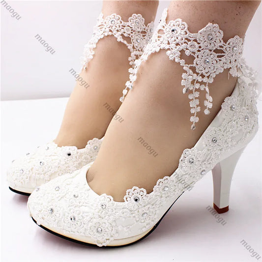 Neu Schuhe Frau Braut Elegante Weiße Spitze Perle Design High Heels frauen High Heels Braut Hochzeit Schuhe Damen