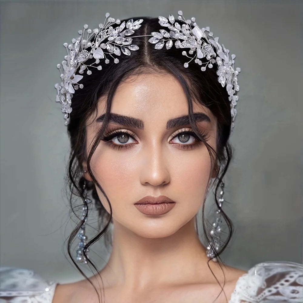Braut Haarschmuck Kristall Perlen Stirnband Tiara Strass Blatt Stirnband Haarband Für Frauen Elegante Prinzessin Kopfbedeckung