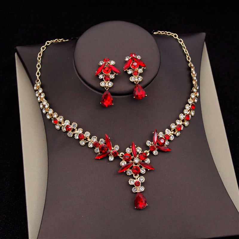 Rote Brautschmuck-Sets für Frauen, Diademe, Krone, Halskette, Ohrringe, Set für Hochzeitskleid, Braut, Kostümzubehör