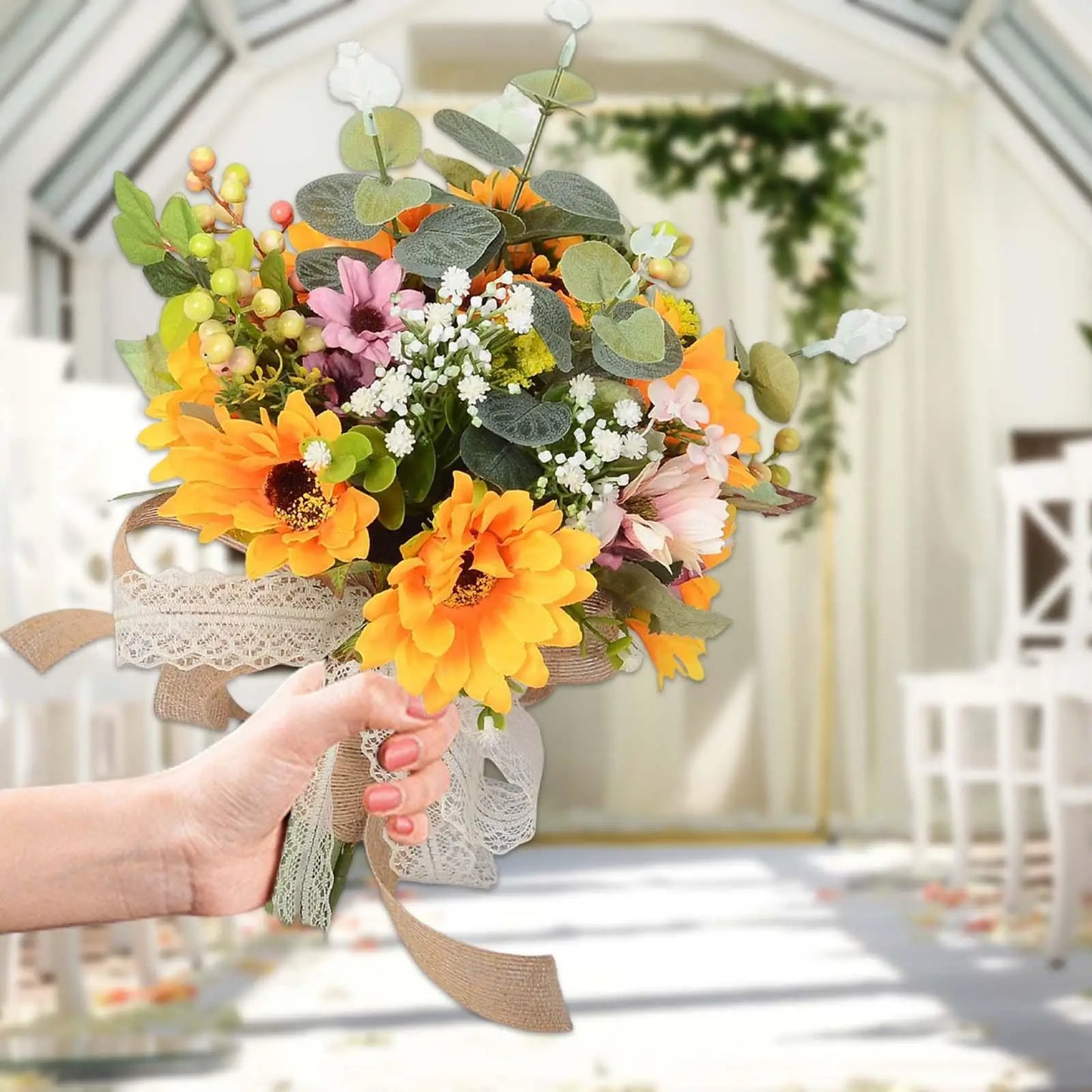 Hochzeitsstrauß, Brautstrauß mit Schleife, Sonnenblumen-Hochzeitssträuße als Einweihungsgeschenk, Tafelaufsätze