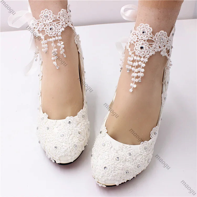Neu Schuhe Frau Braut Elegante Weiße Spitze Perle Design High Heels frauen High Heels Braut Hochzeit Schuhe Damen