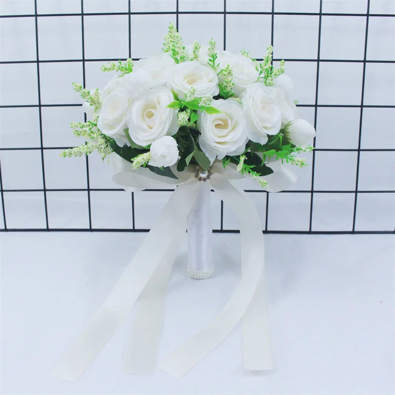 Braut Brautjungfer Hochzeitsstrauß Weiße Seidenblumen Rosen Handgemachte Künstliche Braut Mariage Bouquet Hochzeitszubehör