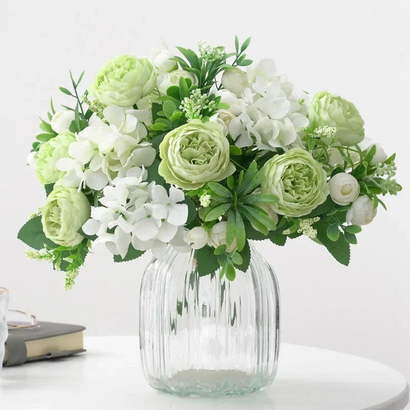 Blaue Seidensträuße Künstliche Waldhortensien Pfingstrosenknospen Hochzeit Braut Handstrauß Hausgarten Desktop Blumenarrangement Dekor