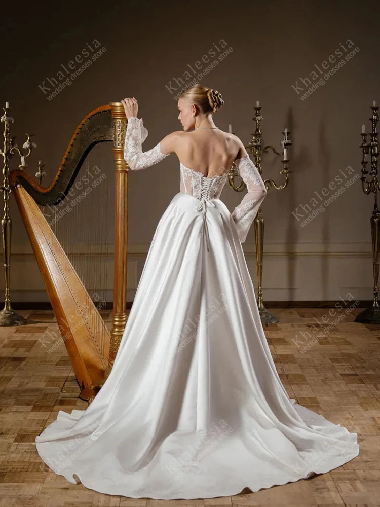 Glamorous Brautkleider A-Linie Satin Brautkleider Spitze Applikationen Trägerlos Rückenfrei Roben Vestidos De Novia Maßgeschneiderte 2025