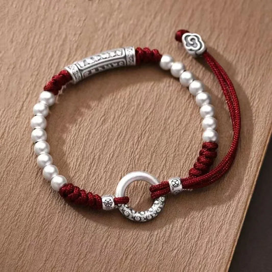 Handgewebte verstellbare Vintage-Armbänder mit Mantra mit sechs Zeichen, Sicherheitsschnalle, rotes Seil, Perlenseilkette für Männer und Frauen